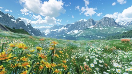Wall Mural - Pristine alpine meadow with wildflowers and mountain views, inviting mindful yoga practice in nature