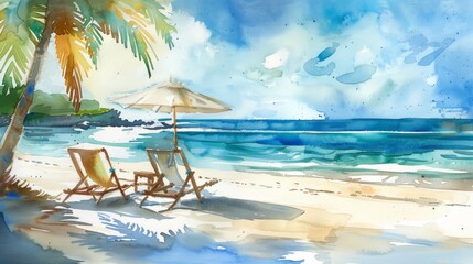 Wall Mural - Relaxing watercolor painting depicting a tranquil moment on a beach holiday