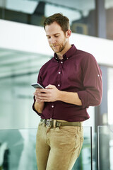 Poster - Businessman, chatting and typing with phone at office for networking, communication or sending message. Young man or employee on mobile smartphone for online texting, app or conversation at workplace