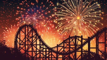 Wall Mural - Silhouetted roller coaster with fireworks exploding in the background