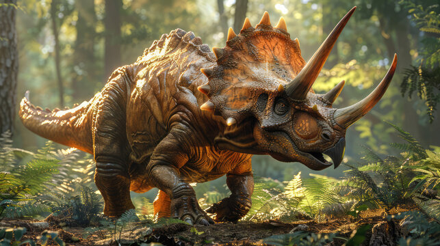 hyper-realistic shot of a triceratops displaying its impressive array of horns and the distinctive b