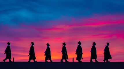 Wall Mural - A group of graduates walk across a bridge at sunset. The sky is a beautiful mix of pink and purple hues, creating a serene and peaceful atmosphere