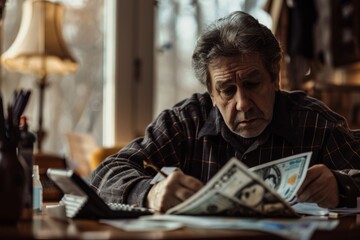 elderly man counting money at the table in his home office