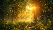 Craft a mesmerizing digital artwork of a secluded forest clearing bathed in the golden light of a setting sun