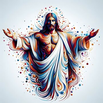 A colorful painting of a jesus christ with arms outstretched image realistic photo card design illustrator