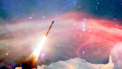 Wall Mural - rockets launch into space on the starry sky. spacecraft flies into space with clouds of smoke. eleme