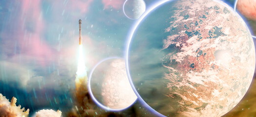 Wall Mural - rockets launch into space on the starry sky. spacecraft flies into space with clouds of smoke. eleme