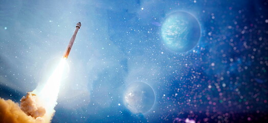 Wall Mural - rockets launch into space on the starry sky. spacecraft flies into space with clouds of smoke. eleme