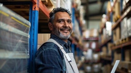 Wall Mural - A man with a beard and gray hair wearing a blue shirt and apron smiling in a warehouse with shelves stocked with boxes and products.