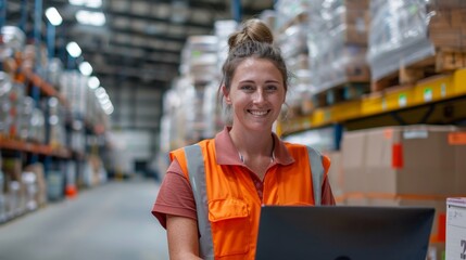 Wall Mural - Smiling woman in orange safety vest and pink shirt sitting at a laptop in a warehouse with high shelving and boxes in the background.