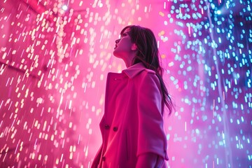 A stylish woman in a pink coat enjoys the futuristic neon lights of an urban setting