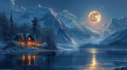 Wall Mural - night, winter, house by the river in front of mountains, full moon, photorealistic