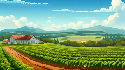 Wall Mural - Agricultural landscape with green fields of crops and farmhouse