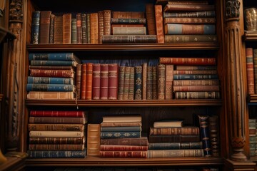 Wall Mural - Warm-toned image showcasing a collection of vintage books on a wooden bookshelf