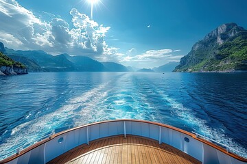 Wall Mural - On the deck of a luxury cruise ship, overlooking a view of the blue sky and white clouds, with a calm sea surface. Bright colors were captured with a wideangle lens in natural light, 