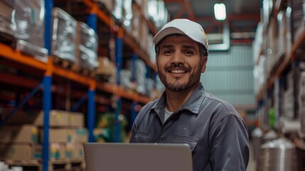 Wall Mural - Smiling man in warehouse wearing cap and blue shirt standing in front of shelves with boxes holding laptop.