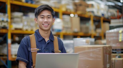 Wall Mural - Smiling young man in blue shirt and suspenders sitting at a laptop in a warehouse with shelves of boxes and products in the background.