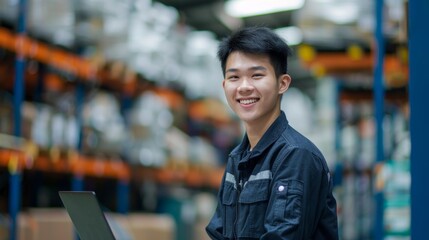 Wall Mural - Young man in a warehouse smiling at the camera wearing a blue jacket with a patch on the sleeve standing in front of a rack with various items.