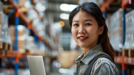 Wall Mural - A young woman with a warm smile wearing a denim jacket standing in a well-lit warehouse with shelves stocked with various goods.