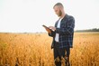 © Serhii - A young handsome farmer or agronomist examines the ripening of soybeans in the field before harvesting