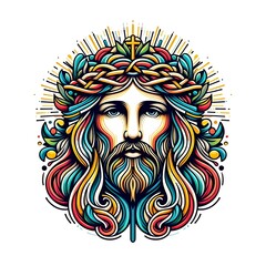 A colorful drawing of a jesus christ with long hair and a crown of leaves photo lively has illustrative meaning card design illustrator.