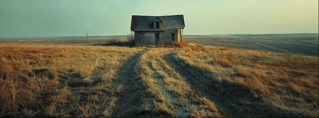 An old home in the rural area. Empty field in autumn time.