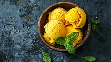 Wall Mural - Artisanal ice cream with turmeric golden ice cream and green mint in a wooden bowl trendy food top view