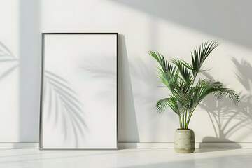 Wall Mural - poster mock up with vertical metal frame and plants in vase on white wall background. 3D rendering. mock up. Generative Ai.
