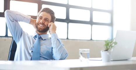 Aufkleber - Businessman, phone call and laptop with office, smile and communication for social networking. Law consultant, workspace and technology for conversation, planning and discussion for case research
