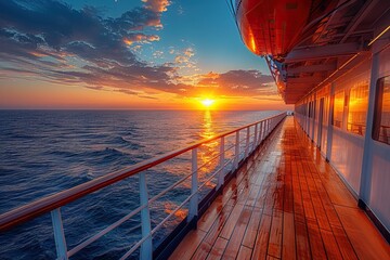 Wall Mural - Photo of an ocean liner deck with a wooden floor, the sea in front and sky at sunset. On board a cruise ship