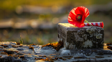 a lone red poppy and a folded american flag resting on the base of a simple tombstone symbolizing fa