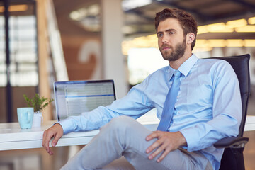 Aufkleber - Business, thinking and man with laptop, solution and opportunity with decision, accountant and choice. Person, professional or employee with computer, tech or problem solving with ideas and internet