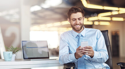 Poster - Laptop, phone and businessman in office with smile for typing company email online for communication. Happy, technology and professional attorney networking on internet with cellphone in law firm.