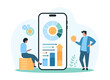 © Iconic Prototype - Financial data dashboard analysis and business optimization with mobile app. Tiny people research infographic information in chart reports growth, analytics on phone screen cartoon vector illustration