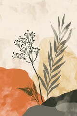 Poster - An illustration of botanical elements with abstract shapes in a modern art style using a warm color palette