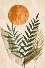 Aufkleber - Stylized plants and a circular sun motif in an abstract botanical illustration with earthy tones