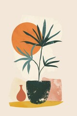 Aufkleber - Stylized illustration of an indoor plant with contrasting colors and textures against an earth-toned backdrop