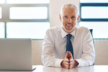 Poster - Mature lawyer, man and happy in portrait in office by laptop for online consulting for legal advice. Advocate, attorney and person with smile corporate law firm for service by computer in workplace