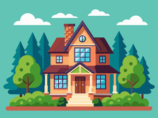 Suburban house cartoon vector illustration. Summer cottage, country house flat color object. Real estate facade, townhouse front view. Two story building, villa