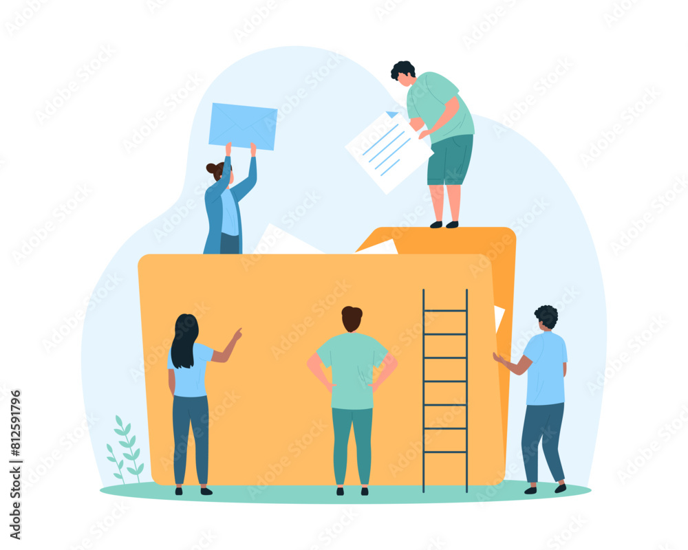 Cloud data storage organization and file management. Tiny people add ...