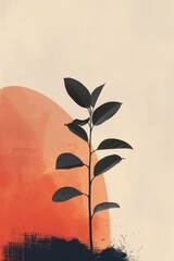Poster - Minimalist styled solitary plant with bold brush strokes in the background, resembling a painting