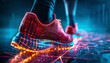 Extreme closeup of a GPS tracker on a runner s shoe, capturing stride details, side view, Stride analysis, technology tone, Tetradic color scheme