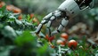 Extreme closeup of a robotic hand injecting nutrients into vegetables, side view, Nutrient injection system, digital tone, Complementary Color Scheme