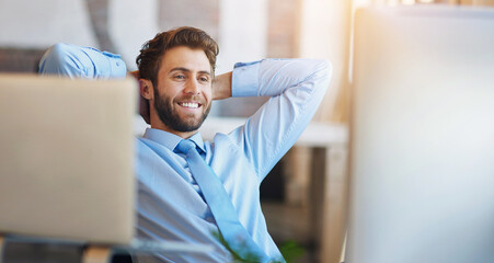Aufkleber - Businessman, relax and stretching in office with computer for reading, comfortable and satisfied with research. Professional, employee and happy or pride for project inspiration, productivity or done