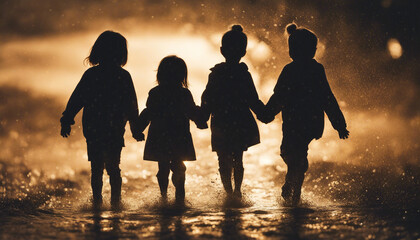 silhouette of little children jumping with joy in the rain, sunset time
