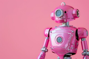 Aufkleber - This image depicts a vintage style robot in pink, positioned against a plain pink backdrop, illustrating a retro futuristic concept