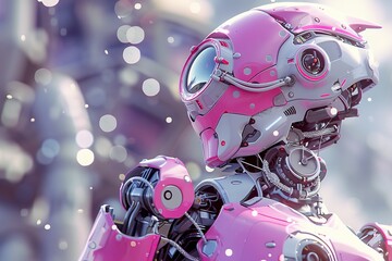 Aufkleber - Close-up shot of a pink robot's head, highlighting intricate mechanical details with bokeh light effects in the background