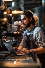 Poster - a man focused on his laptop in a cozy coffee shop. ideal for business or freelance concepts