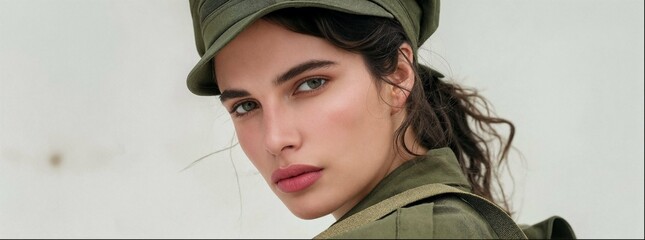 Young military girl solider in uniform. Female military close up. Army girl concept. War action movie-style beautiful armed female dressed in stylish military clothes.