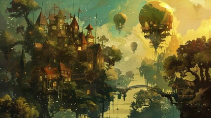 Wall Mural - Fantasy-inspired depiction of neighborhood connections in a surreal universe